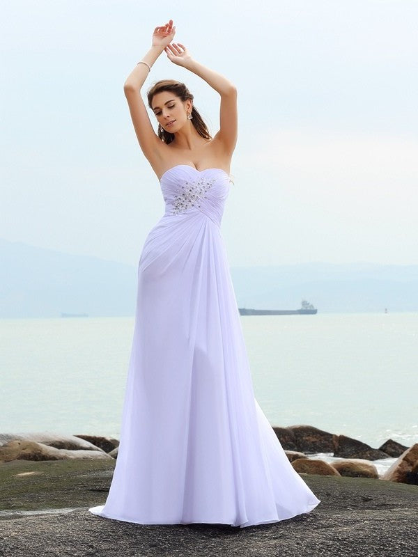 Beading Chiffon Sweetheart Sheath/Column Sleeveless Long Beach Wedding Dresses