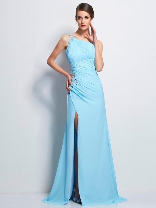 One-Shoulder Sleeveless Beading Sheath/Column Long Chiffon Dresses