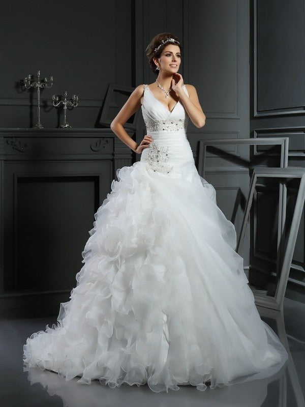 Long Ball Sleeveless Gown Ruffles V-neck Organza Wedding Dresses