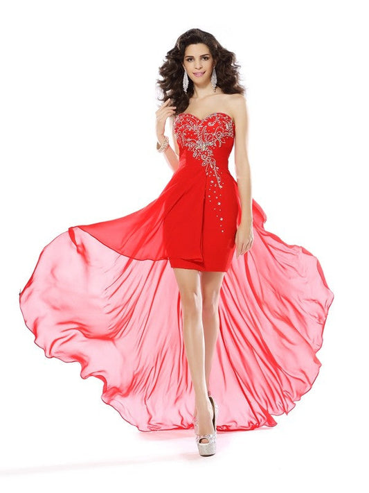 Sheath/Column Sweetheart Homecoming Dresses Cocktail Chiffon Henrietta Beading Sleeveless Short Dresses