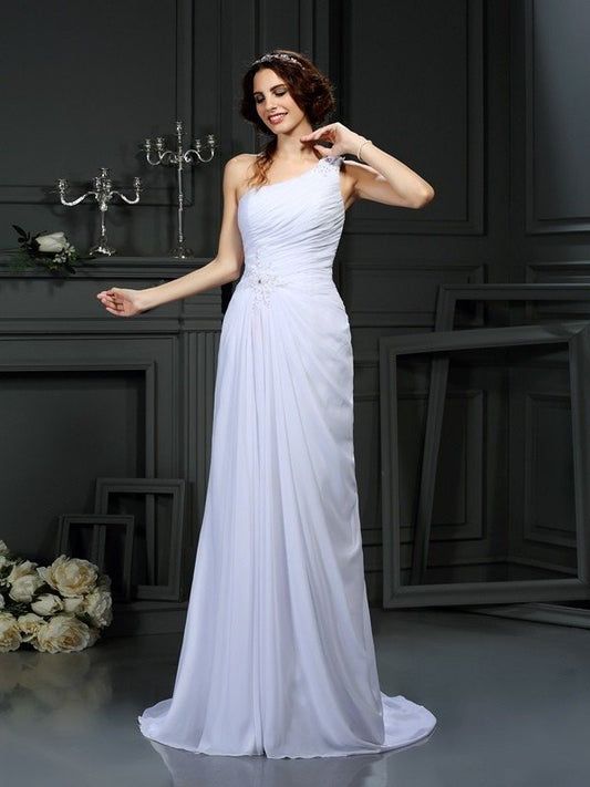 Pleats One-Shoulder Sleeveless Long A-Line/Princess Chiffon Wedding Dresses