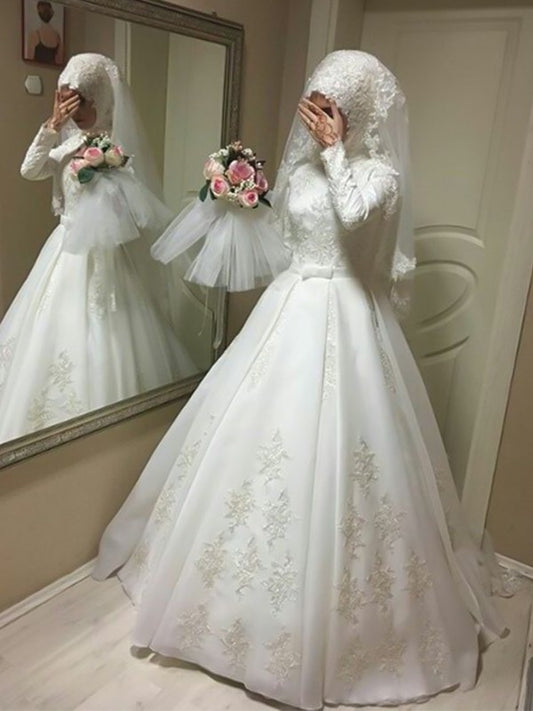 Jewel Floor-Length Long Sleeves Gown Ball Bowknot Organza Wedding Dresses