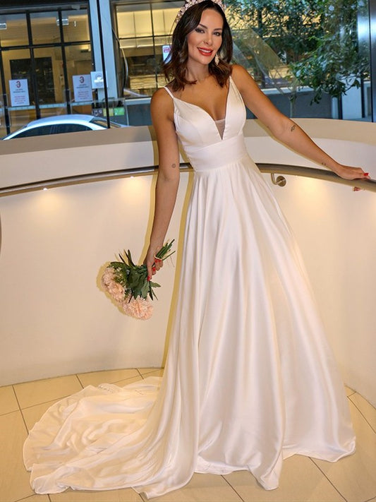 A-Line/Princess Ruffles Sweep/Brush Spaghetti Sleeveless Charmeuse Straps Train Wedding Dresses