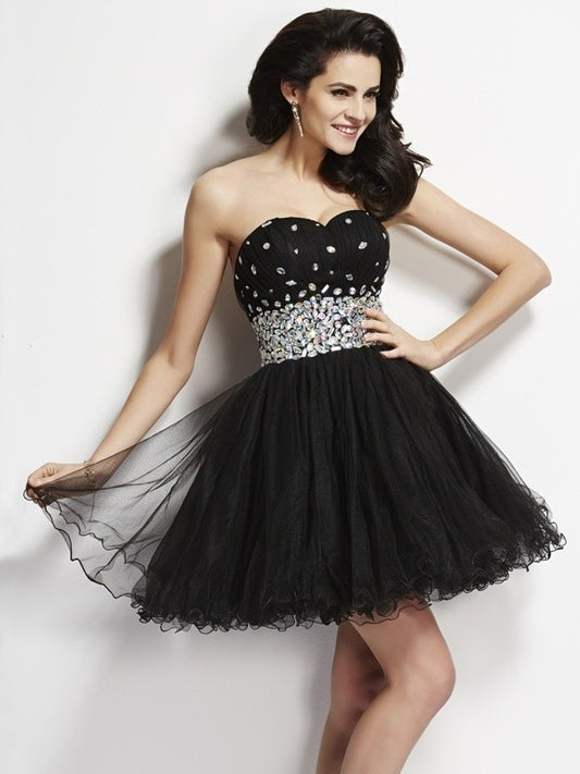 Short Beading Sleeveless Sweetheart A-Line/Princess Elastic Woven Sequin Satin Homecoming Dresses