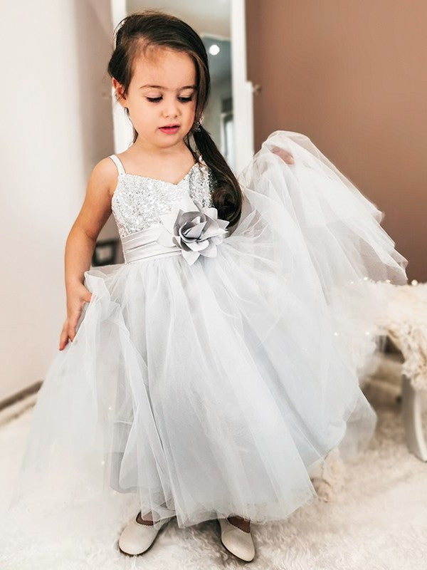 A-Line/Princess Sequin Tea-Length Spaghetti Tulle Sleeveless Straps Flower Girl Dresses