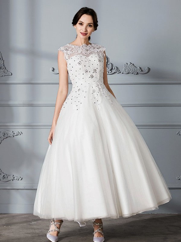 Gown Sleeveless Tea-Length Ball Scoop Tulle Wedding Dresses