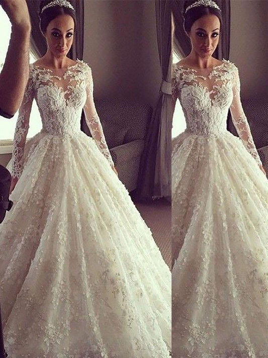 Train Ball Scoop Long Court Gown Sleeves Lace Wedding Dresses