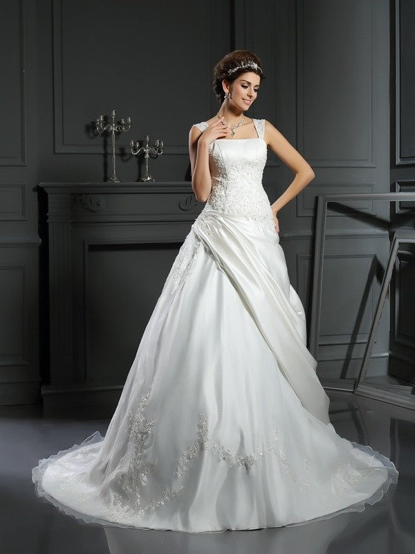 Gown Ball Applique Straps Sleeveless Long Satin Wedding Dresses