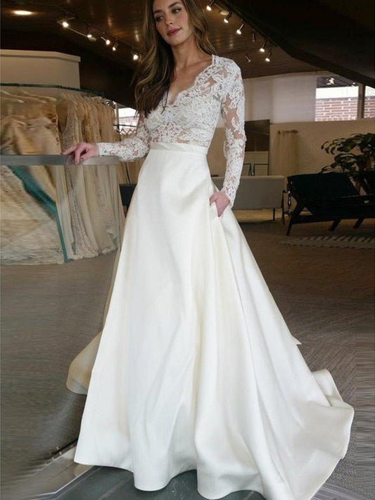 Sweep/Brush V-neck Train A-Line/Princess Applique Sleeves Long Satin Wedding Dresses