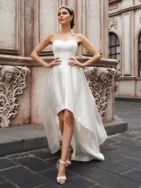 A-Line/Princess Sweetheart Ruffles Sleeveless Satin Asymmetrical Wedding Dresses