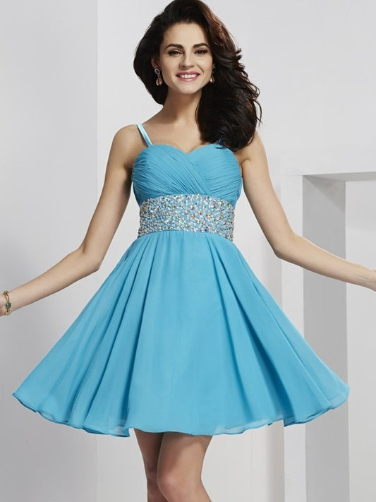 Straps Rhinestone Short Sleeveless A-Line/Princess Spaghetti Chiffon Homecoming Dresses