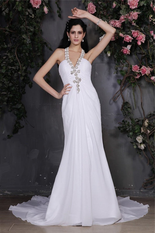 Sleeveless Long Sheath/Column Beading Halter Ruffles Chiffon Wedding Dresses