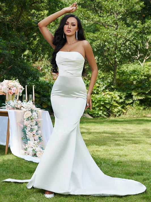 Ruched Trumpet/Mermaid Sleeveless Satin Strapless Sweep/Brush Train Wedding Dresses