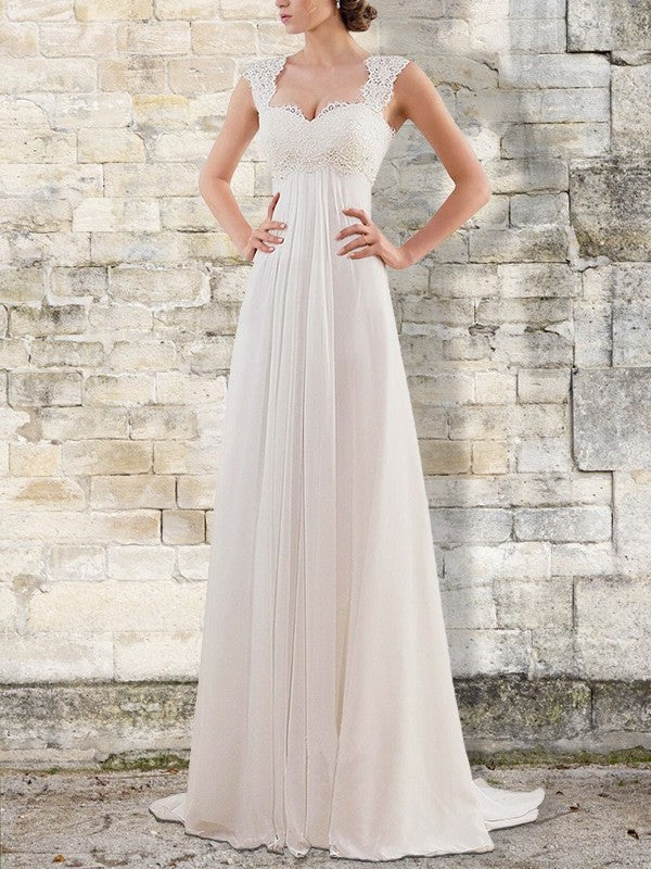 Empire Sweep/Brush Sleeveless Train Bateau Chiffon Wedding Dresses