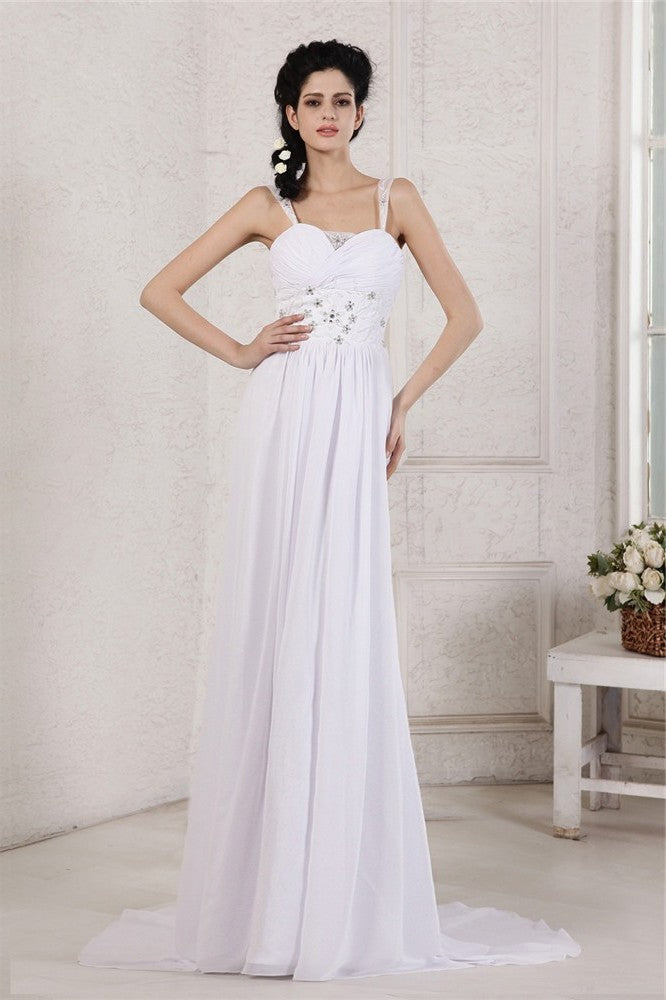 Applique Beading Strap Long Spaghetti Ruched Pleats Sheath/Column Chiffon Wedding Dresses