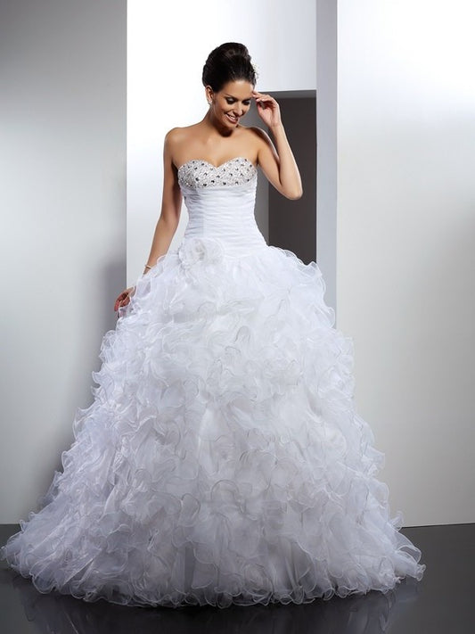 Sweetheart Gown Beading Ball Sleeveless Long Organza Wedding Dresses