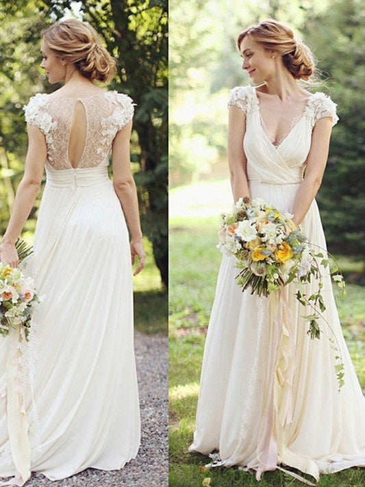 Ruched V-neck Sleeves Short Chiffon Sweep/Brush A-Line/Princess Train Wedding Dresses