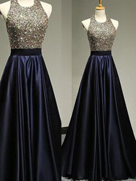 Sleeveless Satin A-Line/Princess Halter Floor-Length Beading Dresses