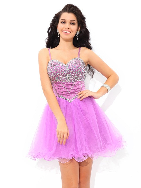 A-Line/Princess Spaghetti Homecoming Dresses Yaritza Straps Paillette Sleeveless Short Net Cocktail Dresses