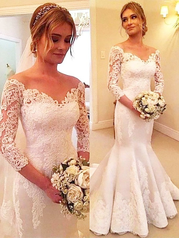 Trumpet/Mermaid Lace Satin Off-the-Shoulder 3/4 Court Sleeves Train Wedding Dresses