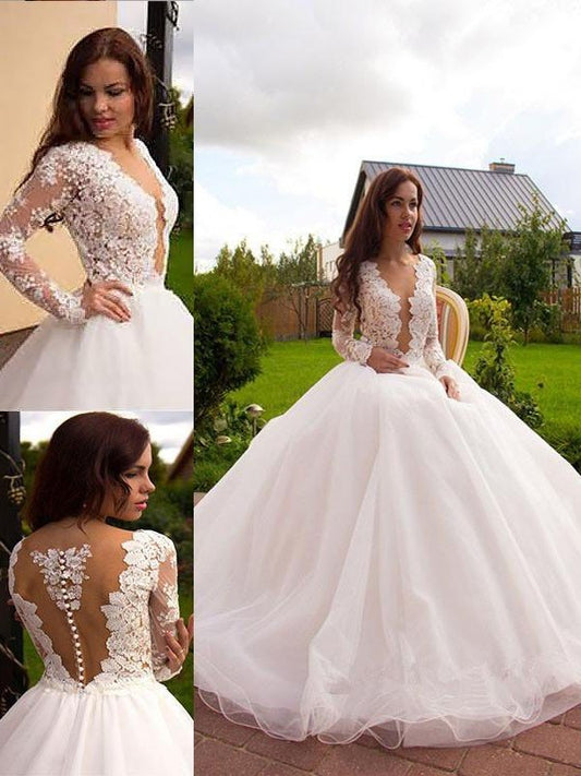 V-neck Gown Long Court Tulle Ball Sleeves Train Wedding Dresses