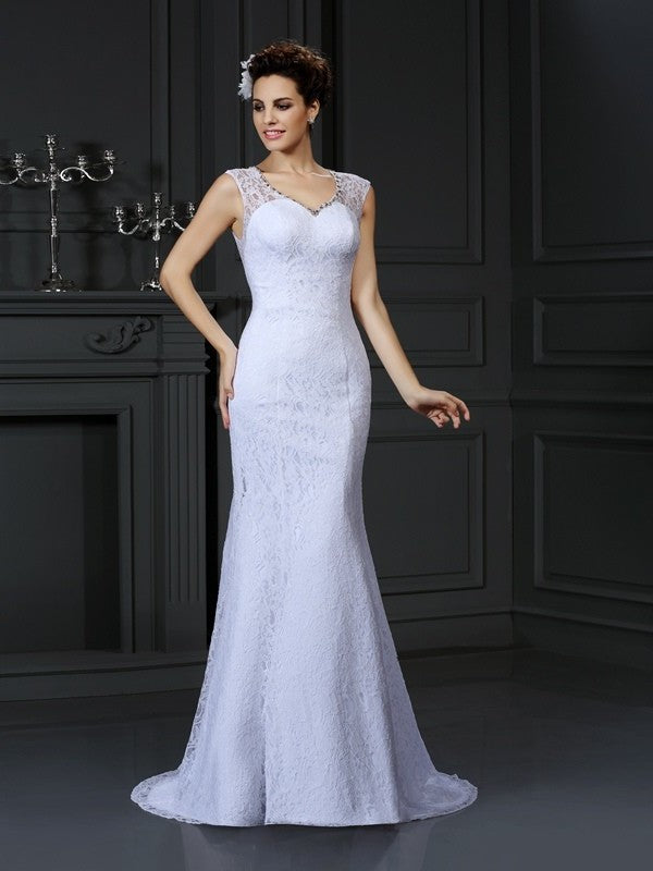 V-neck Sheath/Column Lace Long Sleeveless Satin Wedding Dresses