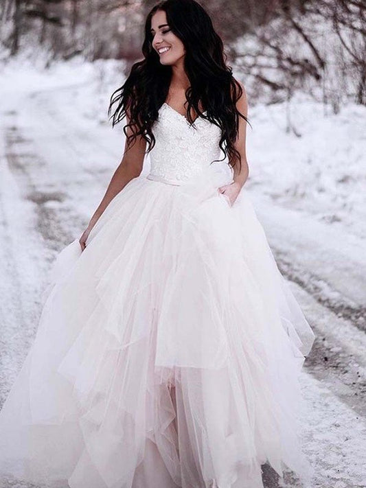 A-Line/Princess Tulle V-neck Ruched Sleeveless Floor-Length Wedding Dresses