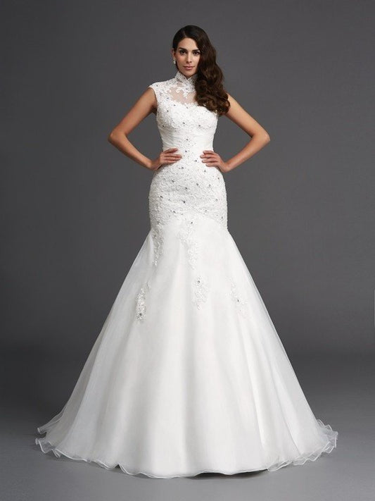 Neck Beading Trumpet/Mermaid Long Sleeveless High Organza Wedding Dresses