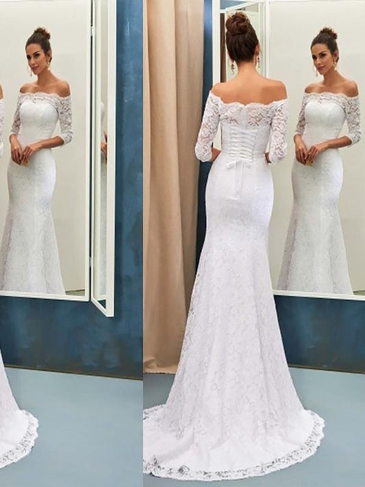 Lace Off-the-Shoulder Trumpet/Mermaid Long Train Sweep/Brush Sleeves Wedding Dresses