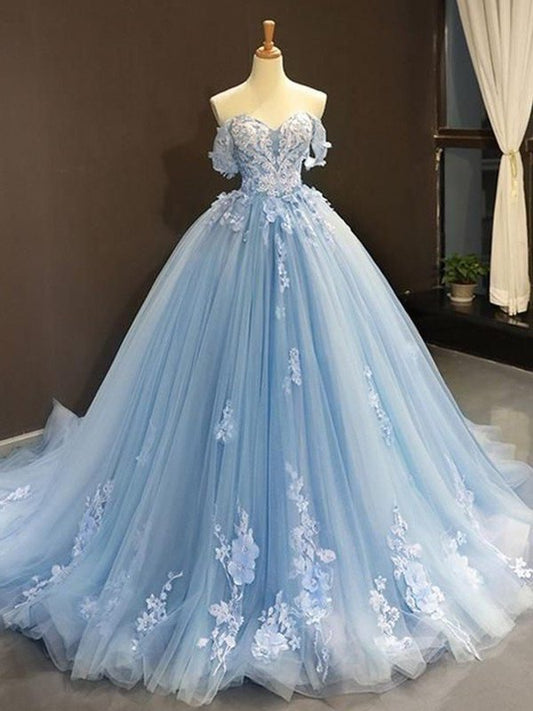 Ball Gown Sleeveless Applique Tulle Off-the-Shoulder Sweep/Brush Train Dresses