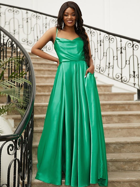 Satin like Spaghetti A-Line/Princess Ruffles Straps Sleeveless Silk Sweep/Brush Train Dresses