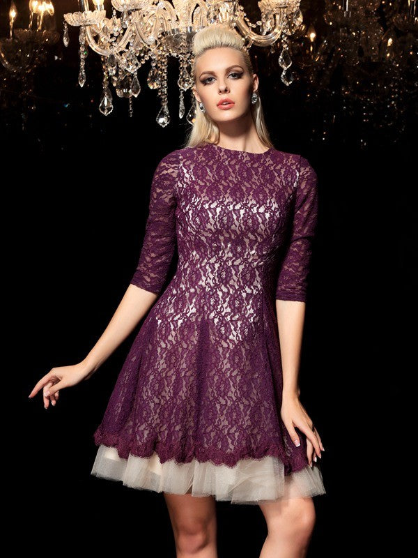 A-Line/Princess Marissa Sheer Neck Lace 1/2 Sleeves Short Lace Cocktail Homecoming Dresses Dresses