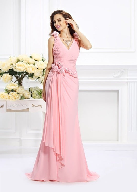 Sleeveless V-neck Hand-Made Long Flower Trumpet/Mermaid Chiffon Bridesmaid Dresses