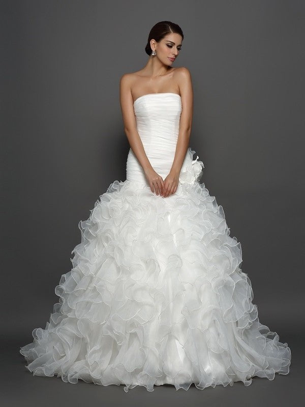 Hand-Made Ball Sleeveless Long Flower Gown Strapless Organza Wedding Dresses