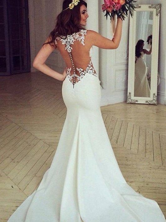 Sweep/Brush Trumpet/Mermaid Scoop Sleeveless Train Applique Lace Wedding Dresses