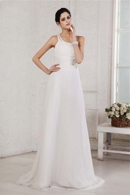 Applique Long Beading Sleeveless A-Line/Princess One-Shoulder Chiffon Wedding Dresses