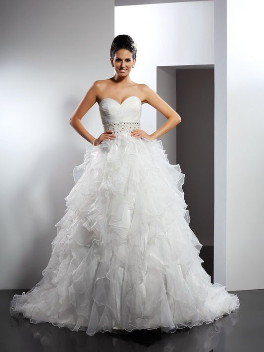 Gown Ruffles Long Sleeveless Ball Sweetheart Organza Wedding Dresses