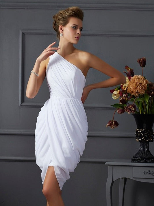 One-Shoulder Sheath/Column Short Pleats Sleeveless Chiffon Homecoming Dresses