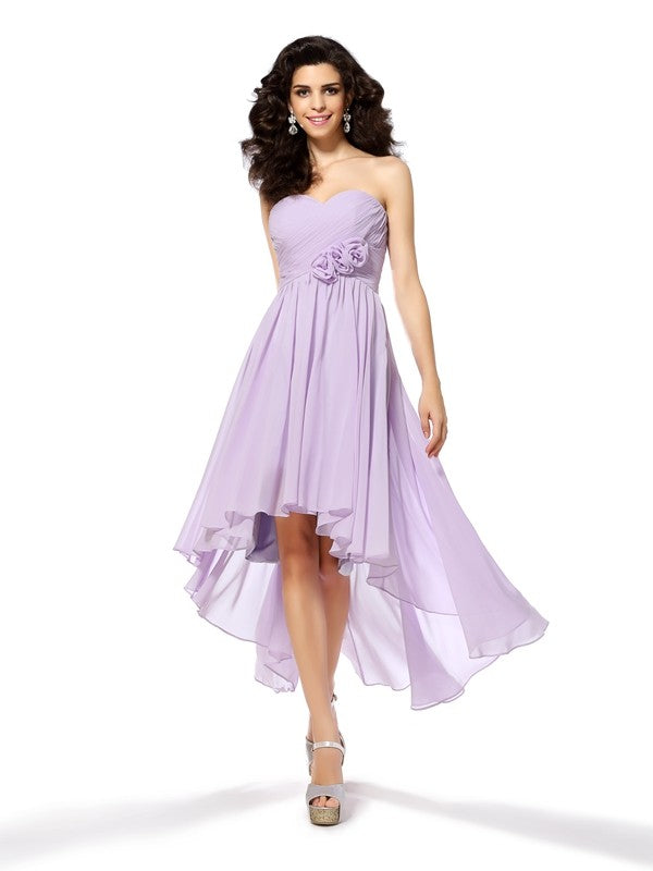 A-Line/Princess Sweetheart Hand-Made Flower Sleeveless Caitlin High Homecoming Dresses Low Chiffon Cocktail Dresses