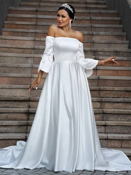 Charmeuse Off-the-Shoulder Ruffles A-Line/Princess 3/4 Sweep/Brush Sleeves Train Wedding Dresses