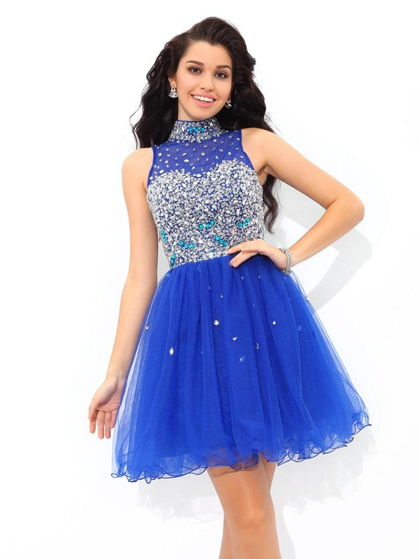 A-Line/Princess High Neck Beading Sleeveless Short Net Dresses Phyllis Cocktail Homecoming Dresses