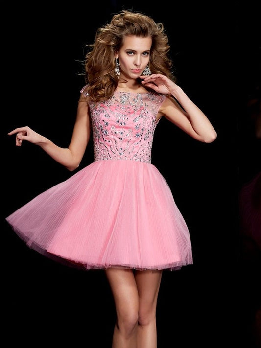 Short Bateau Beading A-Line/Princess Sleeveless Satin Homecoming Dresses