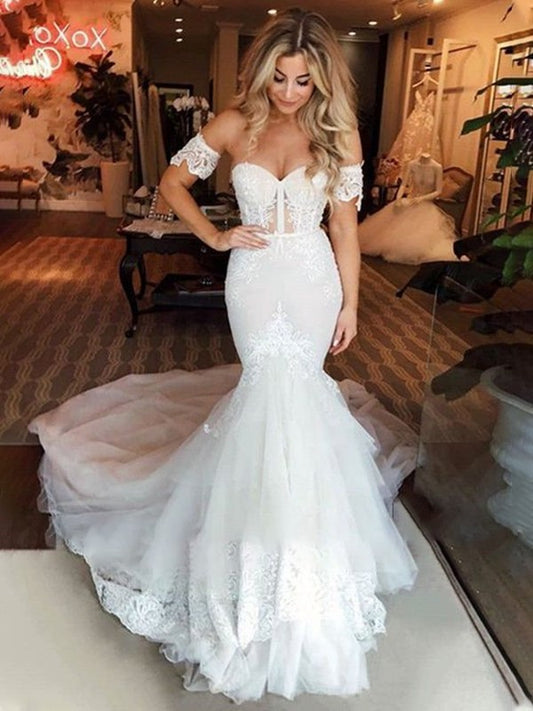 Sweep/Brush Applique Sweetheart Trumpet/Mermaid Sleeveless Tulle Train Wedding Dresses