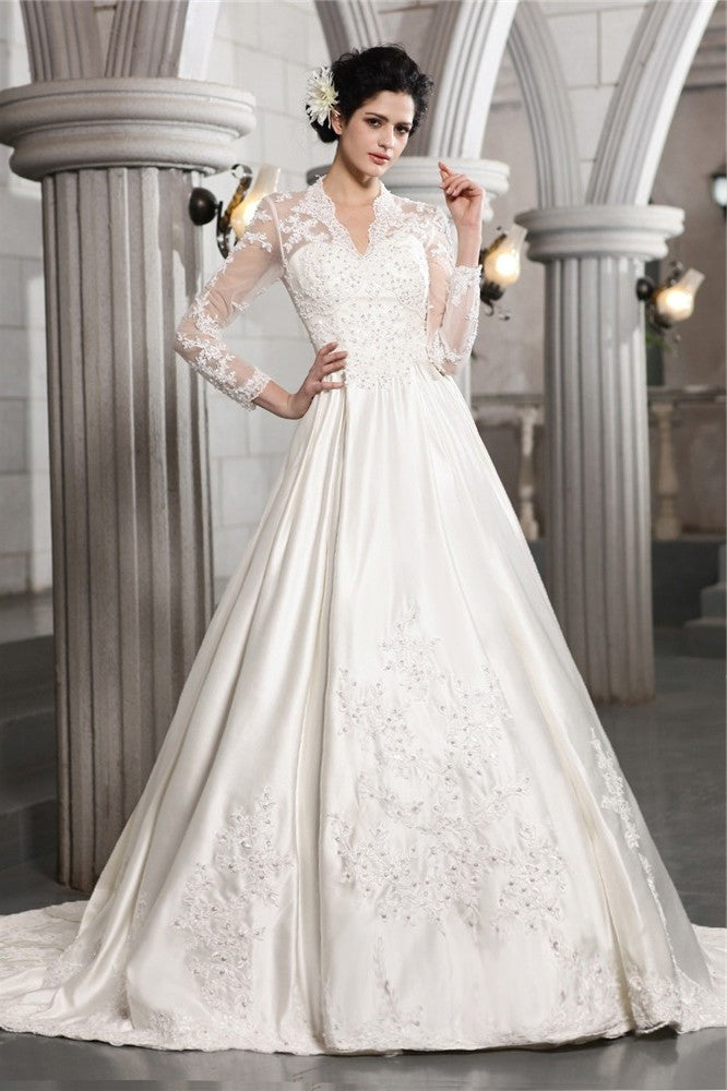 Sleeves Long A-Line/Princess Long Applique Beading Satin Wedding Dresses