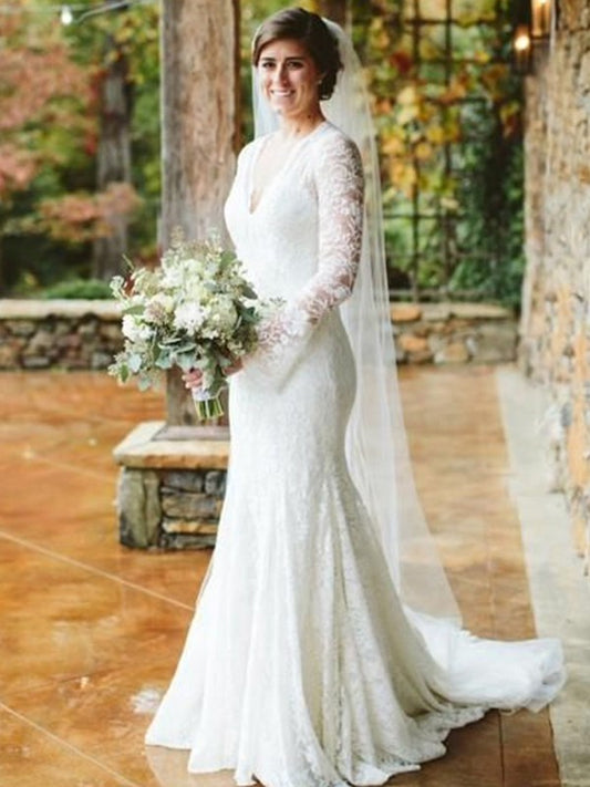 Trumpet/Mermaid Sweep/Brush V-neck Sleeves Train Long Ruffles Lace Wedding Dresses