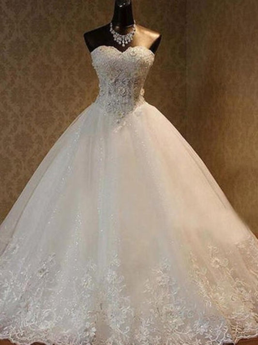 Gown Tulle Ball Sweetheart Sleeveless Beading Floor-Length Wedding Dresses