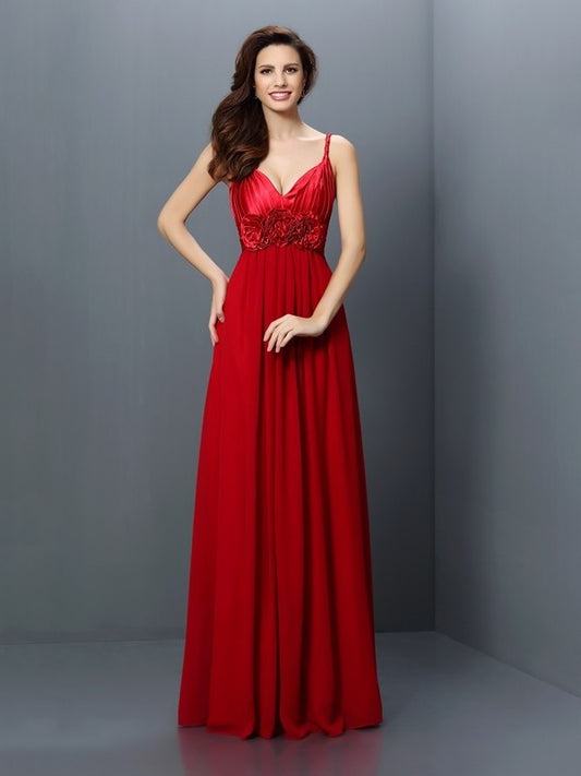 A-Line/Princess Flower Sleeveless Long Hand-Made V-neck Chiffon Bridesmaid Dresses