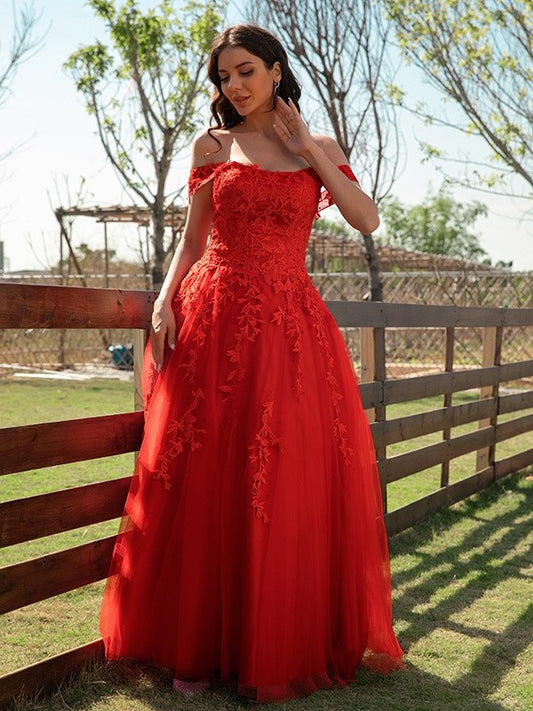 Off-the-Shoulder A-Line/Princess Applique Tulle Sleeveless Floor-Length Dresses