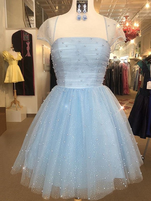 Tulle A-Line/Princess Sleeves Short Strapless Beading Short/Mini Homecoming Dresses