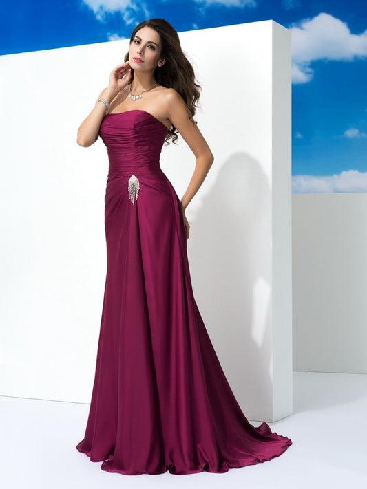 A-Line/Princess Sleeveless Strapless Pleats Long Satin Chiffon Dresses